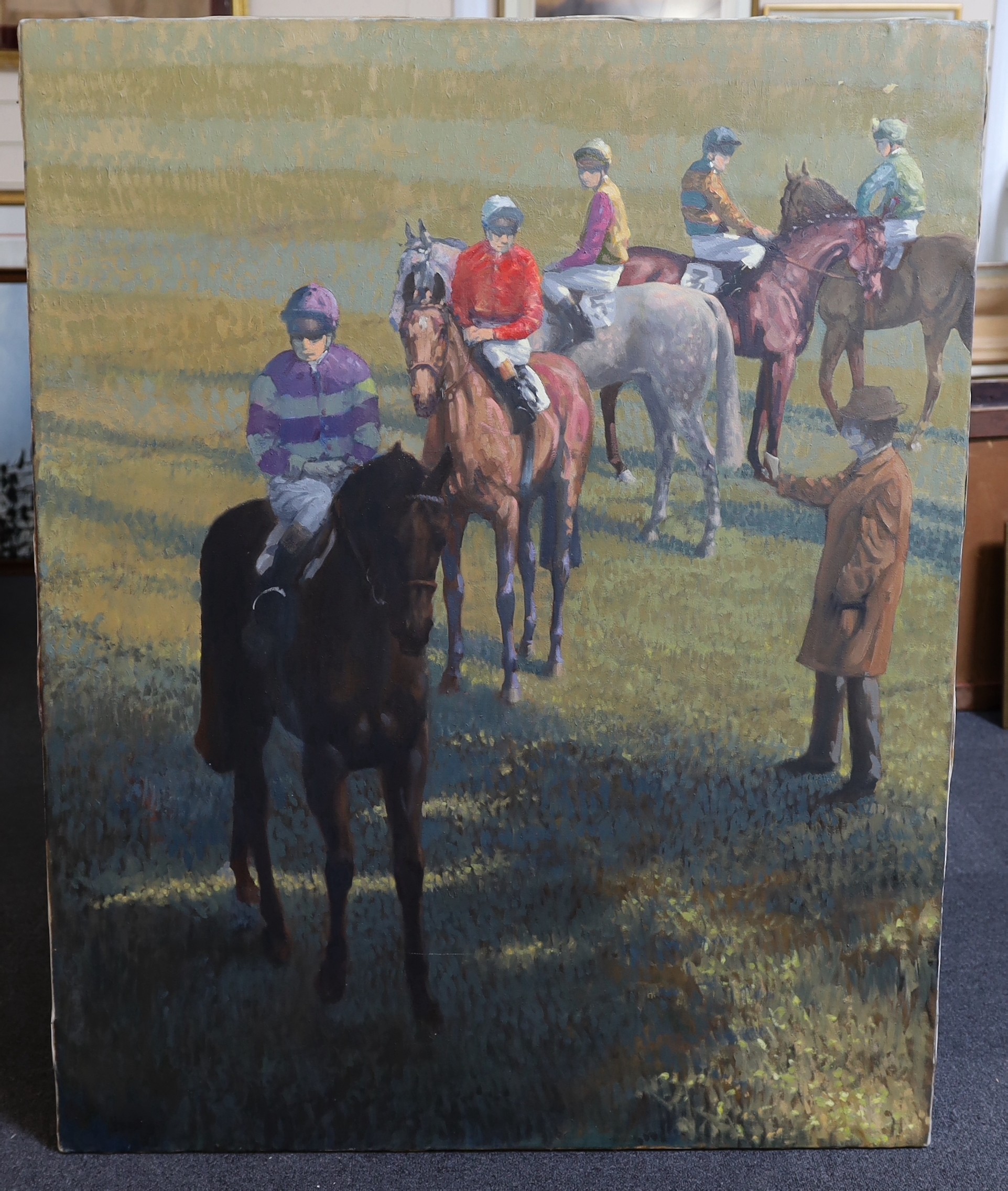 Peter Howell (b.1932), Racehorses before the start, oil on canvas, 127 x 101cm